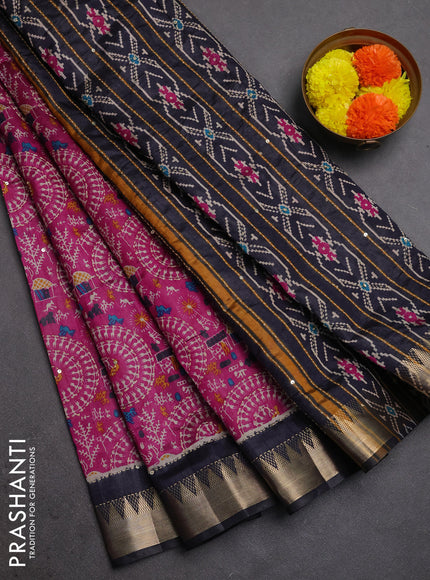 Semi tussar saree magenta pink and navy blue with allover warli prints & kantha stitch work and zari woven border