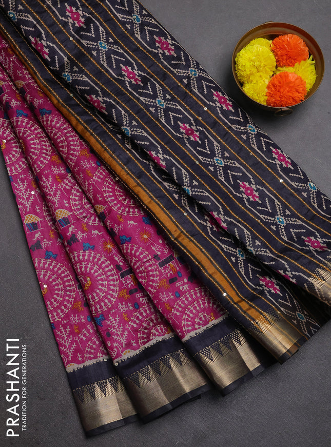 Semi tussar saree magenta pink and navy blue with allover warli prints & kantha stitch work and zari woven border