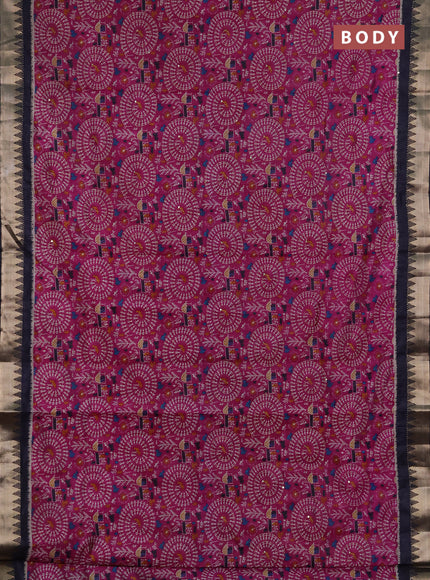 Semi tussar saree magenta pink and navy blue with allover warli prints & kantha stitch work and zari woven border