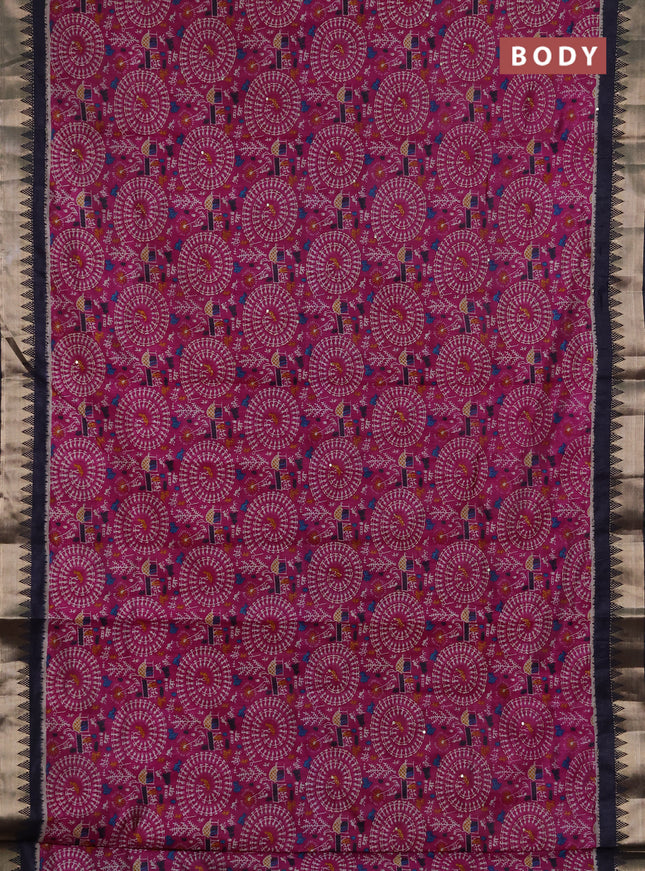 Semi tussar saree magenta pink and navy blue with allover warli prints & kantha stitch work and zari woven border