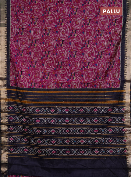 Semi tussar saree magenta pink and navy blue with allover warli prints & kantha stitch work and zari woven border