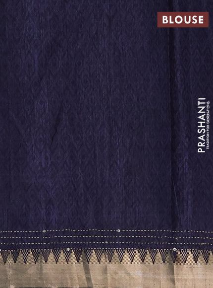 Semi tussar saree magenta pink and navy blue with allover warli prints & kantha stitch work and zari woven border
