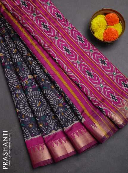 Semi tussar saree navy blue and magenta pink with allover warli prints & kantha stitch work and zari woven border
