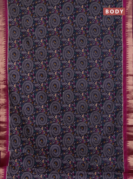 Semi tussar saree navy blue and magenta pink with allover warli prints & kantha stitch work and zari woven border