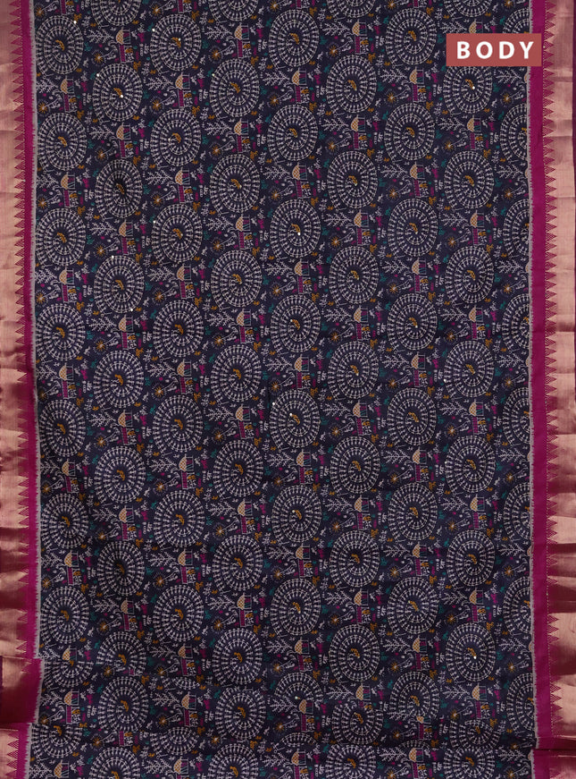 Semi tussar saree navy blue and magenta pink with allover warli prints & kantha stitch work and zari woven border
