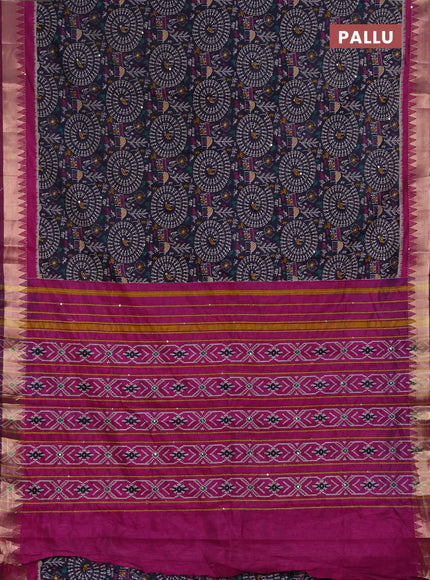 Semi tussar saree navy blue and magenta pink with allover warli prints & kantha stitch work and zari woven border