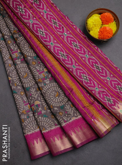 Semi tussar saree grey and magenta pink with allover warli prints & kantha stitch work and zari woven border