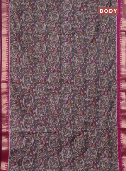 Semi tussar saree grey and magenta pink with allover warli prints & kantha stitch work and zari woven border