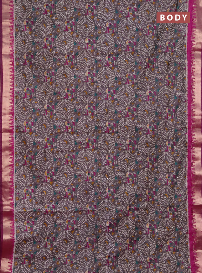 Semi tussar saree grey and magenta pink with allover warli prints & kantha stitch work and zari woven border