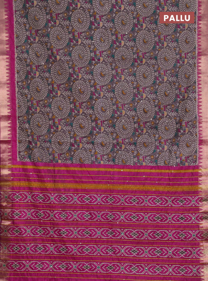 Semi tussar saree grey and magenta pink with allover warli prints & kantha stitch work and zari woven border