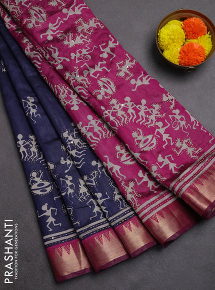 Semi tussar saree navy blue and magenta pink with allover warli prints & kantha stitch work and zari woven border