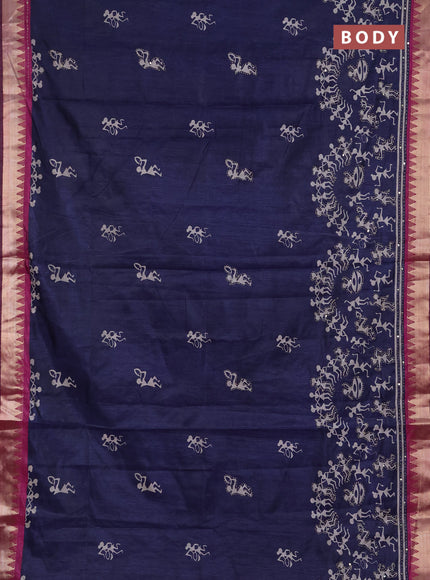 Semi tussar saree navy blue and magenta pink with allover warli prints & kantha stitch work and zari woven border