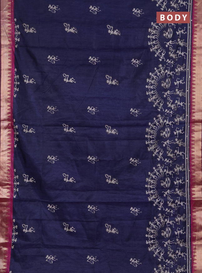 Semi tussar saree navy blue and magenta pink with allover warli prints & kantha stitch work and zari woven border