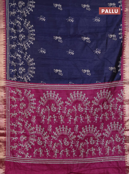Semi tussar saree navy blue and magenta pink with allover warli prints & kantha stitch work and zari woven border