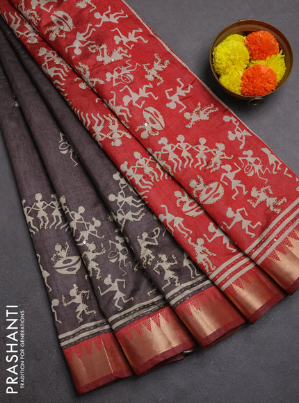 Semi tussar saree grey and rust shade with allover warli prints & kantha stitch work and zari woven border