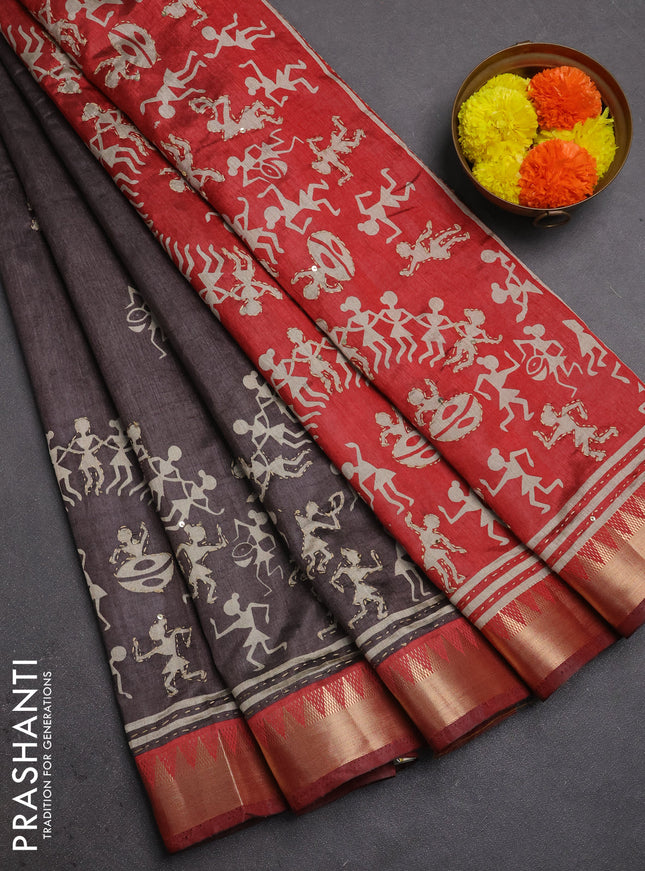 Semi tussar saree grey and rust shade with allover warli prints & kantha stitch work and zari woven border