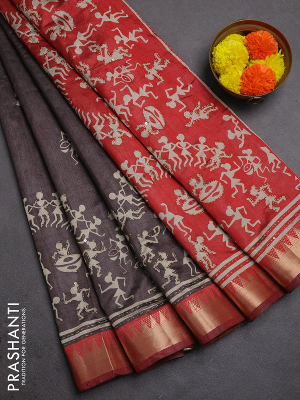 Semi tussar saree grey and rust shade with allover warli prints & kantha stitch work and zari woven border