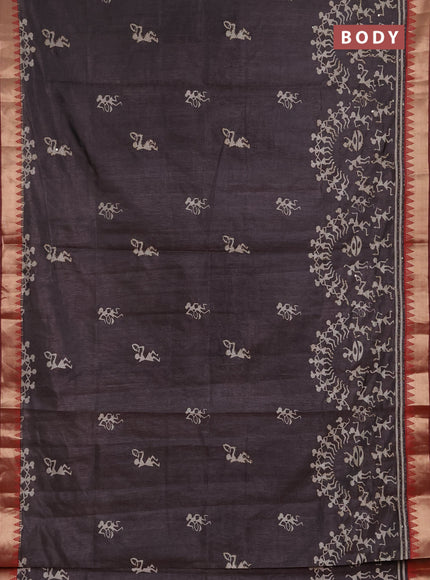 Semi tussar saree grey and rust shade with allover warli prints & kantha stitch work and zari woven border