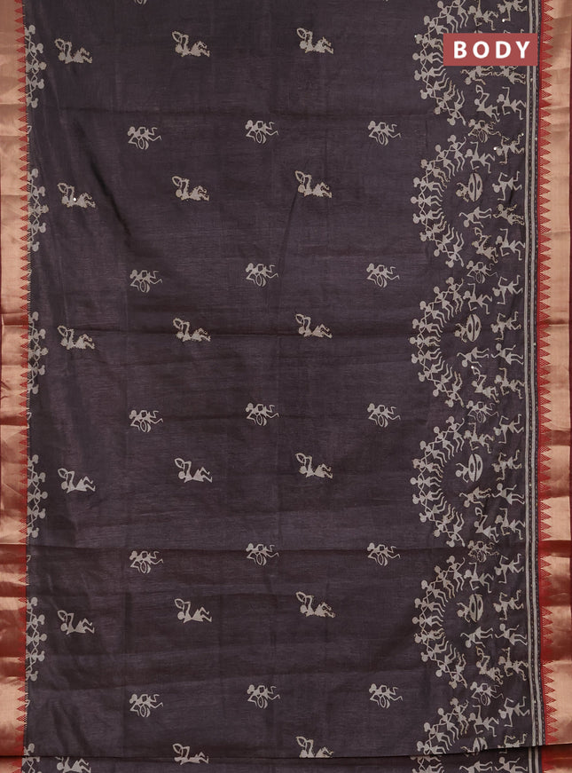 Semi tussar saree grey and rust shade with allover warli prints & kantha stitch work and zari woven border