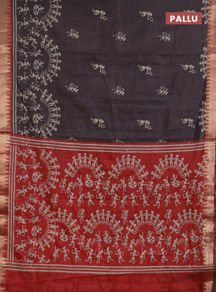 Semi tussar saree grey and rust shade with allover warli prints & kantha stitch work and zari woven border
