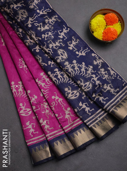 Semi tussar saree magenta pink and navy blue with allover warli prints & kantha stitch work and zari woven border