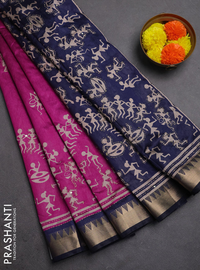 Semi tussar saree magenta pink and navy blue with allover warli prints & kantha stitch work and zari woven border