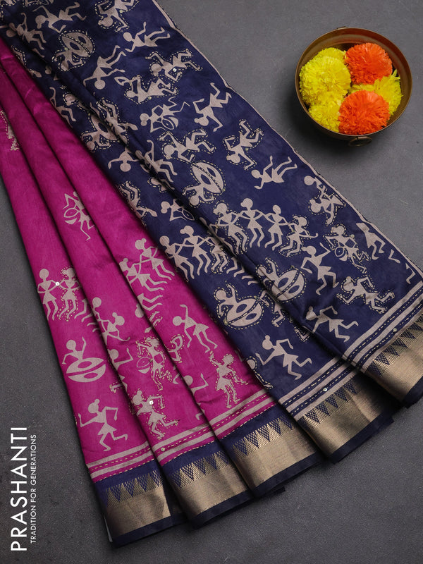 Semi tussar saree magenta pink and navy blue with allover warli prints & kantha stitch work and zari woven border
