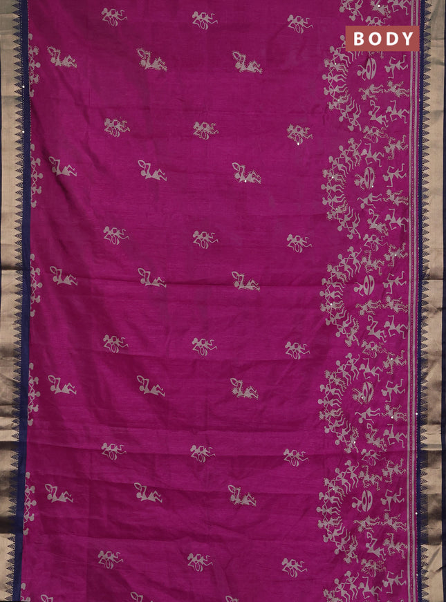 Semi tussar saree magenta pink and navy blue with allover warli prints & kantha stitch work and zari woven border