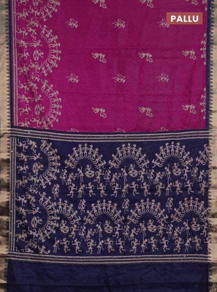 Semi tussar saree magenta pink and navy blue with allover warli prints & kantha stitch work and zari woven border