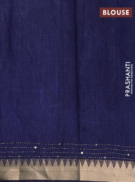 Semi tussar saree magenta pink and navy blue with allover warli prints & kantha stitch work and zari woven border
