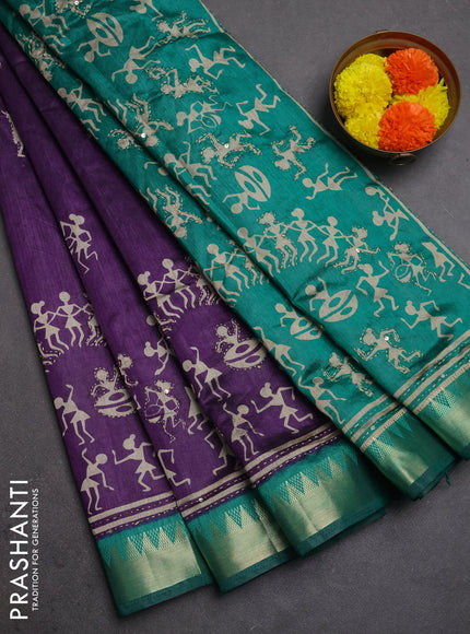 Semi tussar saree purple and teal green with allover warli prints & kantha stitch work and zari woven border