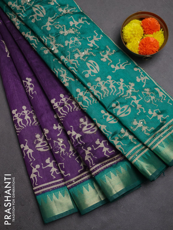 Semi tussar saree purple and teal green with allover warli prints & kantha stitch work and zari woven border