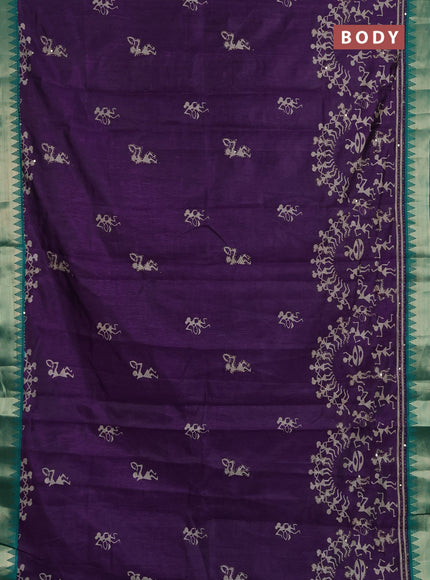 Semi tussar saree purple and teal green with allover warli prints & kantha stitch work and zari woven border