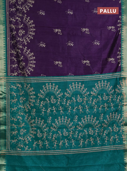 Semi tussar saree purple and teal green with allover warli prints & kantha stitch work and zari woven border