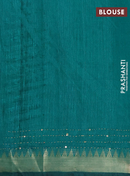 Semi tussar saree purple and teal green with allover warli prints & kantha stitch work and zari woven border