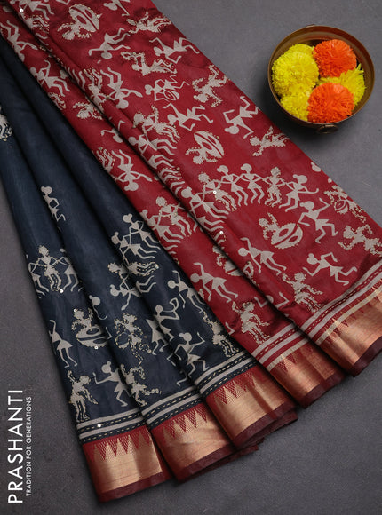 Semi tussar saree dark grey and maroon with allover warli prints & kantha stitch work and zari woven border