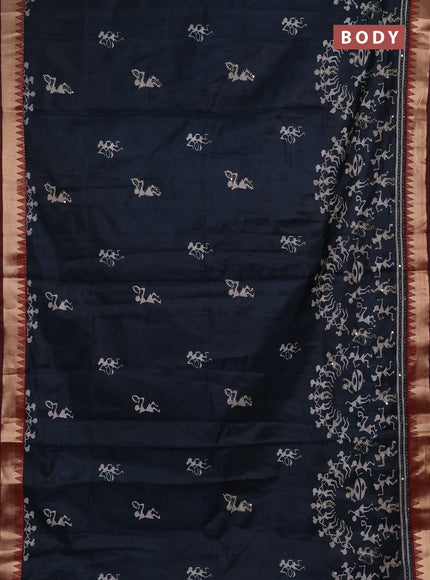 Semi tussar saree dark grey and maroon with allover warli prints & kantha stitch work and zari woven border