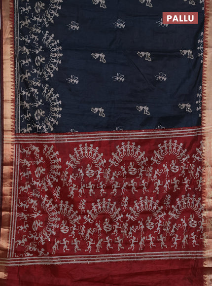 Semi tussar saree dark grey and maroon with allover warli prints & kantha stitch work and zari woven border