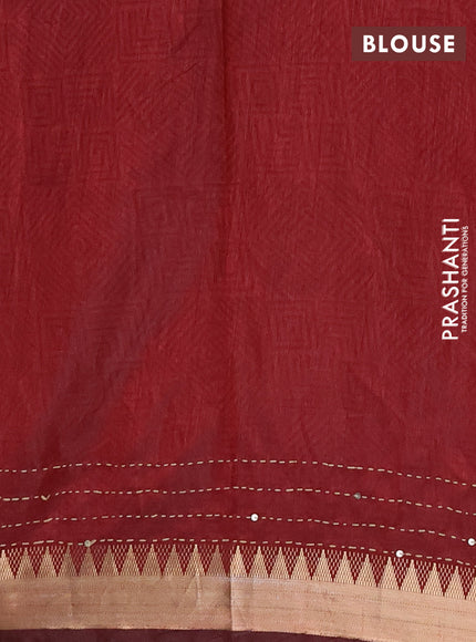 Semi tussar saree dark grey and maroon with allover warli prints & kantha stitch work and zari woven border