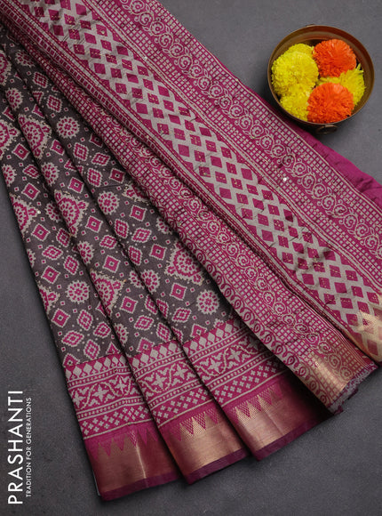 Semi tussar saree grey and magenta pink with allover kantha stitch work and zari woven border