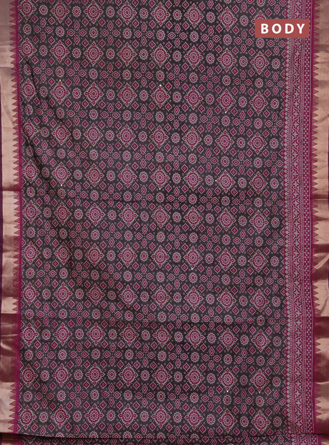 Semi tussar saree grey and magenta pink with allover kantha stitch work and zari woven border