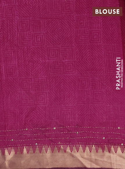 Semi tussar saree grey and magenta pink with allover kantha stitch work and zari woven border