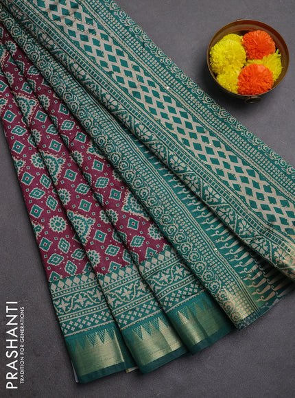 Semi tussar saree dark magenta pink and teal green with allover kantha stitch work and zari woven border