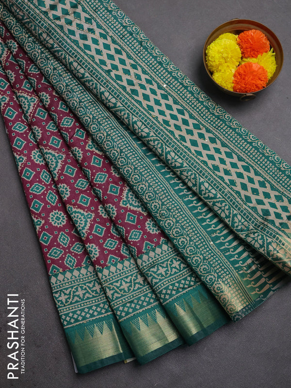 Semi tussar saree dark magenta pink and teal green with allover kantha stitch work and zari woven border