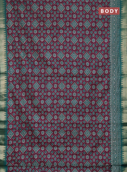 Semi tussar saree dark magenta pink and teal green with allover kantha stitch work and zari woven border