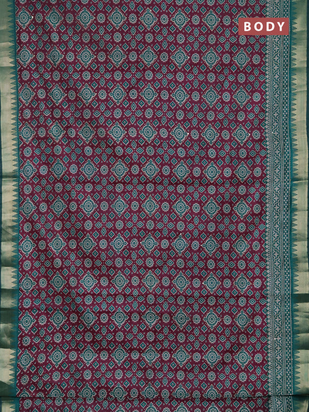 Semi tussar saree dark magenta pink and teal green with allover kantha stitch work and zari woven border