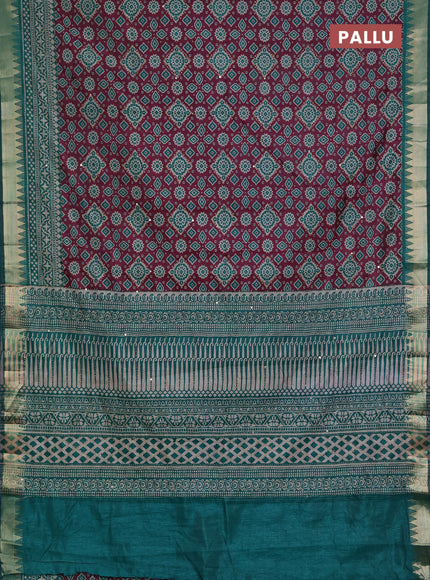 Semi tussar saree dark magenta pink and teal green with allover kantha stitch work and zari woven border
