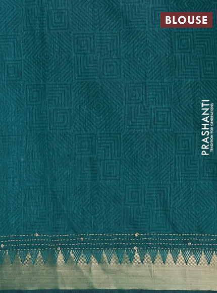Semi tussar saree dark magenta pink and teal green with allover kantha stitch work and zari woven border