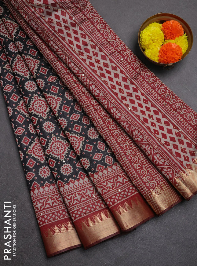 Semi tussar saree dark grey and maroon with allover kantha stitch work and zari woven border
