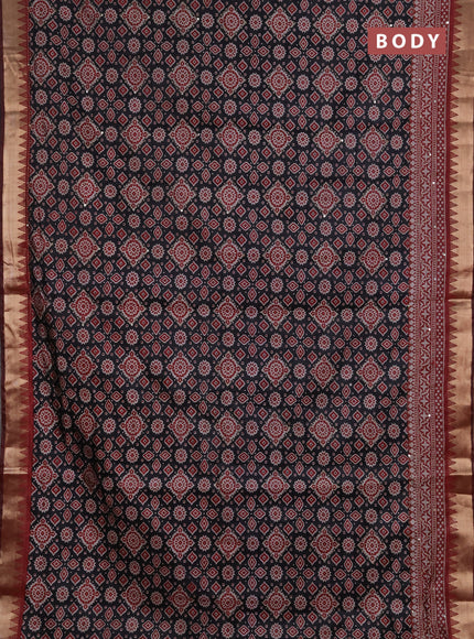 Semi tussar saree dark grey and maroon with allover kantha stitch work and zari woven border